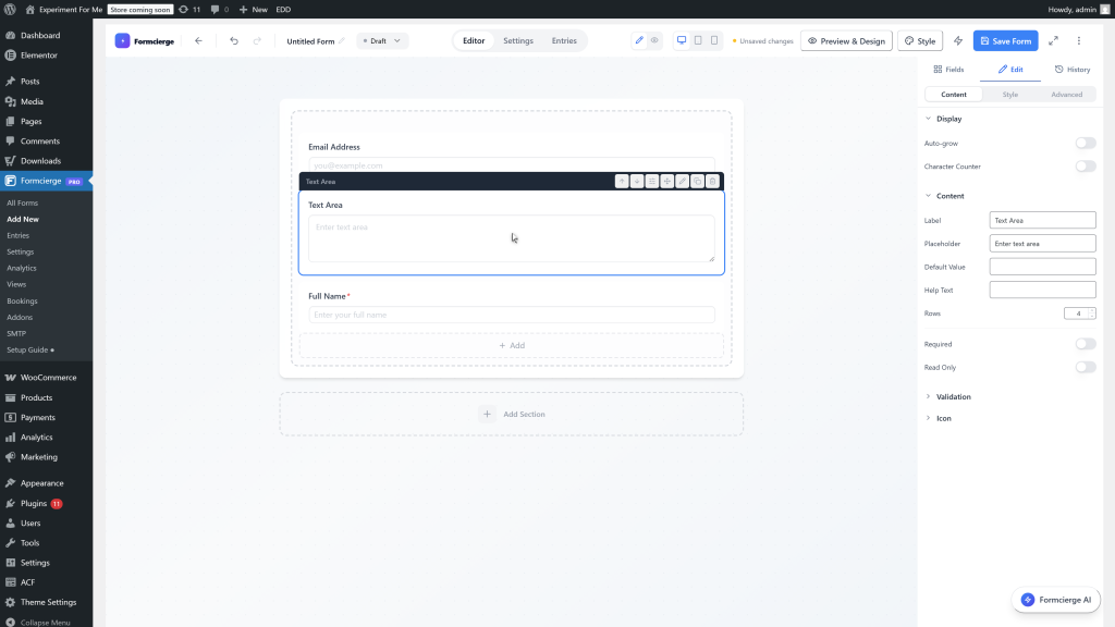 Step 12: Open the Textarea settings